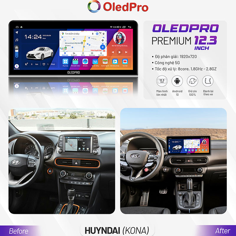 Màn Hình Android OLEDPRO Premium 12.3 inch Cho Xe Kona